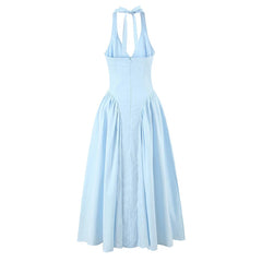 New Elegant Blue Halter Midi Long Dress Women Sexy Backless Deep V Neck Low Waist A-line Summer Dresses Party Robe