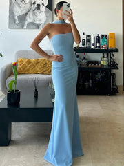 Summer New Elegant Sleeveless Dress Women Hanging Neck Slim Fishtail Long Dress Bodycon Backless Party Evening Dress
