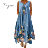 Ingvn - Summer Dress Plus Size Floral Print Irregular Hem Women Buttons Round Neck Dress Women's Clothing Sleeveless Beach Maxi Dresses