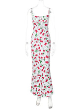 Ingvn Woman Clothing Cherry Pattern Printed White Slip Dress Girls Sleeveless Lace-up High Waist Slim Long Holiday Party Dresses