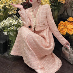 Ingvn - Pink Plaid Tweed Jacket + Strapped Dress Women Vintage Winter Elegant Party Woolen 2 Piece Sets Ladies Autumn Dress Sets