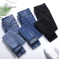 Ingvn - Black Women Autumn Washed Jeans Mid Waist Y2k Cotton Fashion Chic All-match Pants Slim Shinny Stretch Casual Denim Pencil Jeans