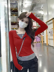 2 In 1 Long Sleeve Striped Print T-shirt, Casual Button Front Top For Women, Spring & Fall