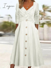 Ingvn - Women's Casual Dress Summer Dress Pleated Dress Plain Ruched Button V Neck Midi Dress Fashion Mature Outdoor Street Half Sleeve Loose Fit White Purple Green Summer Spring S M L XL XXL