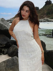 Spring Fashion Patchwork Long Dress For Women Lace-Up Backless High Waist Solid Holiday Beach Dress Ladies Maxi Dress