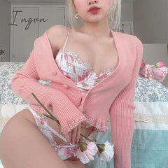 Ingvn - Kawaii Fairycore Pink Sweater Women Aesthetic Streetwear Long Sleeve Crop Tops Y2k E-girl Autumn Knittwear Outfit Femme