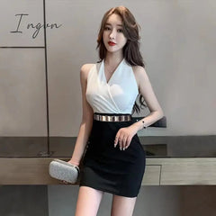 Ingvn - Summer New Women's Fashion Sexy V-Neck Design Tight Sleeveless Short Dress Elegant Slim Office Ladies Contrast Color A-line