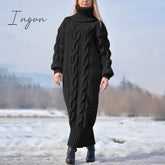 Ingvn - Sweater Dress Women Long Sleeve High Neck Knitted Pullover Dress Soft Warm Solid Color Oversize Bodycon Jumper Female Dress
