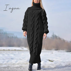 Ingvn - Sweater Dress Women Long Sleeve High Neck Knitted Pullover Dress Soft Warm Solid Color Oversize Bodycon Jumper Female Dress