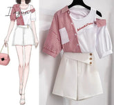 Ingvn - 2 pieces shorts sets summer Sweet Korean off shoulder striped patchwork tops and shorts 2 pieces sets women two pieces outfits