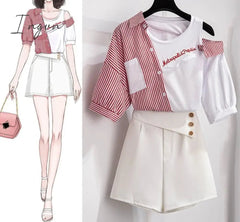 Ingvn - 2 pieces shorts sets summer Sweet Korean off shoulder striped patchwork tops and shorts 2 pieces sets women two pieces outfits