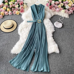 Ingvn - Vintage Notched Collar Draped Rompers For Women Casual Sleeveless High Waist Wide Leg Playsuits Female Beige/Green Jumpsuit