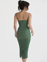 Spaghetti Strap Lace Sexy Midi Dress For Women Gown Green Sleeveless Backless Club Party Printed Long Dress Vestidos