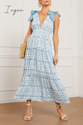 Ingvn - Sweet Elegant Print Flowers Frenulum V Neck A Line Dresses