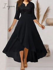 Ingvn - Women‘s Formal Party Dress Maxi long Dress Navy Blue 3/4 Length Sleeve Print Pure Color Ruched Lace Fall Winter V Neck Elegant Fashion Modern 2023 3XL