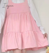 Ingvn - Japan Autumn Kawaii Lolita Two-piece Suit Cosplay Loli Bow Rabbit Ears Shirt Sweet Soft Girl Sleeveless Ruffles Suspender Dress