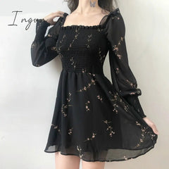 Ingvn - Spring Womens Sexy Black Dress Vintage Flower Long Puff Sleeve Chiffon Dresses Korean Casual Mini Vestidos Mujer Clothes