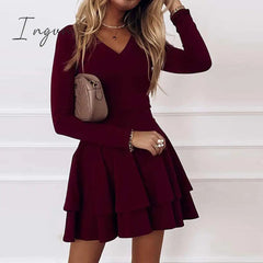 Ingvn - Spring Summer Elegant Solid Color Ruffle Party Dress Women Sexy V-neck Long Sleeve A-Line Dress Ladies Fashion Loose Dress