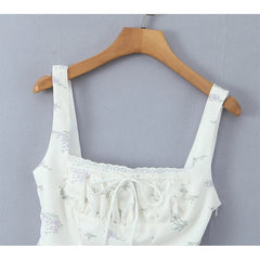 Lace Trim Floral Print Sweet Camis Women Lacing Up Bandage Back Summer Tops French Style Retro Holiday Tank Top