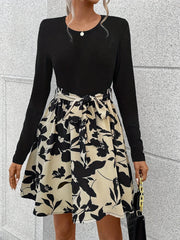 Round Neck Solid Color Long Sleeved T-shirt Paired With Lace Up Printed Mid Length Pleated Skirt, Women's Dress
