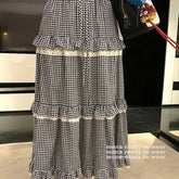 Japanese Vintage Lace Cake Skirt Plaid Edge of Fungus Skirts for Woman Summer Slim Long Dress Korean Fashion Faldas