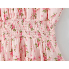 Sweet Women Pink Floral Print Mini Dress Sexy Off Shoulder Short Sleeve Elastic Waist Holiday Party Dress Summer Robe