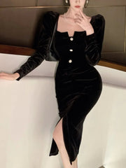 Sexy Vintage Velvet Black Dress for Women Autumn Long Sleeve Bodycon Evening Party Dresses Female Fashion Chic Prom Vestidos
