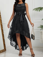 Lace High Low Hem A-line Dress, Elegant Sleeveless Tie Waist Dress For Party & Banquet, Women's Clothing For Party Dressing