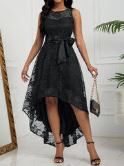 Lace High Low Hem A-line Dress, Elegant Sleeveless Tie Waist Dress For Party & Banquet, Women's Clothing For Party Dressing