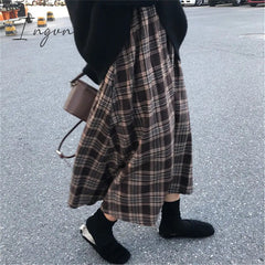 Ingvn - Japanese Rainbow High Waist A-Line Wool Plaid Skirt Female Students Preppy Style Wild Midi Skirt Women Autumn Long Skirt