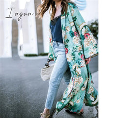 Ingvn - Chiffon Loose Shawl Kimono Long Blouse For Women Full Sleeve Floral Boho Shirts Top Ladies Girls Flower Cardigans Blusa Clothing