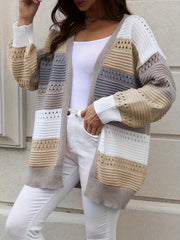 Plus Size Casual Cardigan, Women's Plus Colorblock Hollow Out Long Sleeve Open Front Cardigan