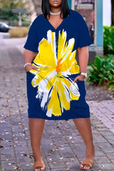 Ingvn - Dark Blue Yellow Casual Print Basic V Neck Short Sleeve Dress