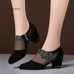 Ingvn - 2024 Women High Heel Shoes Mesh Breathable Pumps Zip Pointed Toe Thick Heels Fashion Female Dress Shoes Elegant Footwear