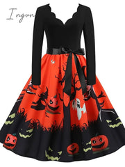 Ingvn - Women‘s Halloween Dress A Line Dress Knee Length Dress White Blue Orange Long Sleeve Print Pumpkin Ghost Patchwork Bow Print Fall Winter V Neck Hot Elegant Vintage Slim 2023 S M L XL XXL