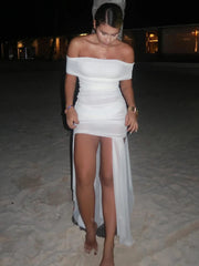 Mesh Off-shoulder Backless Sexy Maxi Dress For Women Fashion Strapless Sleeveless Split Ruched Bodycon Club Party Dress