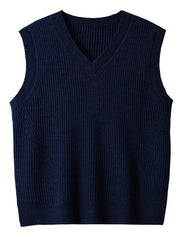 Plus Size Men's Solid Knit Textured Vest Sweater for Spring/Autumn - Oversized Trendy Sleeveless Sweater for Males