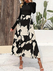 Women Fall Fashion Floral Long Dress, Crew neck Long Sleeve Ruffle Dress, Wedding Party Elegant Dress