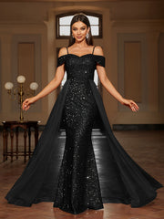 Sequined Contrast Mesh Cold Shoulder Asymmetrical Dress, Elegant Bodycon Dress For Party & Banquet, Women's Clothing