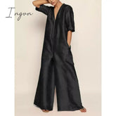 Ingvn - Solid Color Zipper V-neck Half Sleeves Wide Leg Jumpsuits For Women 2023 Summer New Stylish Casual Streetwear Jump Suits