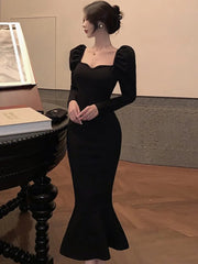 Elegant French Black Long Mermaid Dresses for Women Autumn Winter Square Collar Puff Sleeve High Waist A-Line Vestidos Mujer New