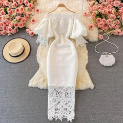 Ingvn - Sexy Hollow Out Lace Bodycon Long Dress Women Elegant Red/Pink/White Off Shoulder Patchwork Maxi Party Vestidos Autumn New