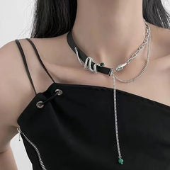 INGVN Punk Snake Shape Necklace Original Design Tassels Cool Style Thick Plated Silver Color Chain Black Chokers For Women Jewelry