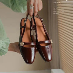 Women's Retro Soft Leather Chunky Heel Design Mary Jane Sandals Spring New Pointed Toe Women PU Leather Comfort Single Shoe