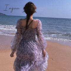 Ingvn - Summer Lace Elegant Midi Dress Women Puff Sleeve Square Collar Boho Beach Floral Dress Female Party One Piece Dress Korean