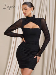 Ingvn - Mesh Ruched Backless Mini Dress Women Robe Autumn New With Zipper Halter Long Sleeve Bodycon Sexy Party Dress Vestidos