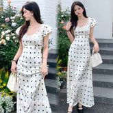 Elegant Party Lace Patchwork Satin Midi Dresses for Women Summer New Korean Casual Fashion Sweet Polka Dots Female Clothing