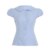 y2k Plaid Shirt Women Coquette Clothing Lapel Collar Short Sleeve Button Closure Blouse Tops 2000s Clothes Streetwear