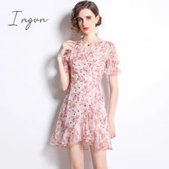 Ingvn - French Gothic Fishtail Floral Summer Dress Women Beach Style Tea Platycodon Grandiflorum Drawstring Hip Dress K6686