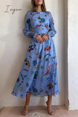 Ingvn - Casual Print Hollowed Out Frenulum O Neck Princess Dresses